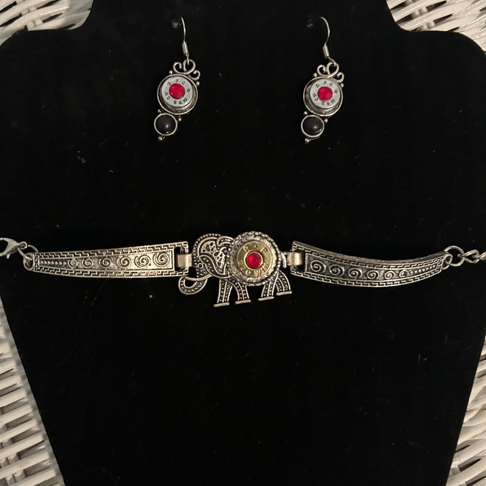 Silver Elephant Bracelet & earrings
with Red Gem